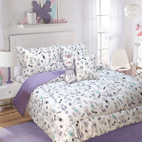 5 Piece Kids Cat Print Comforter Set with cat pillow - Double