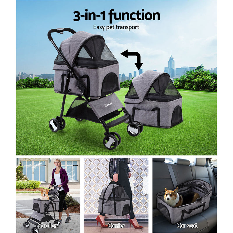 Pet Stroller - Foldable 4 Wheels Grey (Limited Delivery Area)