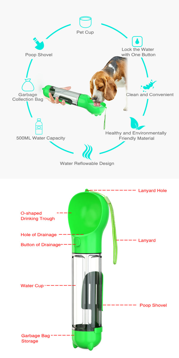 4 in 1 Portable Pet Water Bottle - Green