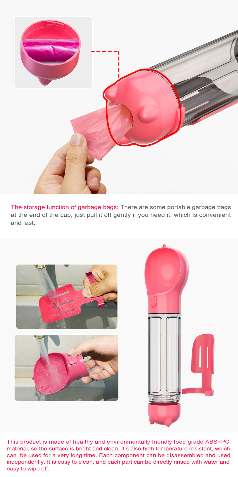 4 in 1 Portable Pet Water Bottle - Pink