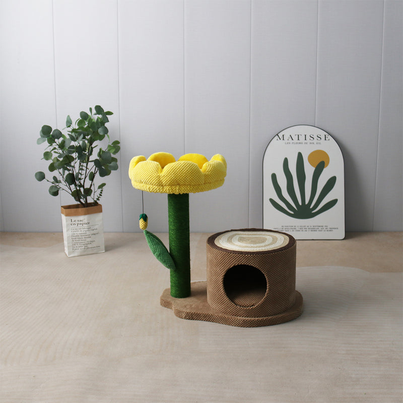 Small Log Cat House With Yellow Camelia