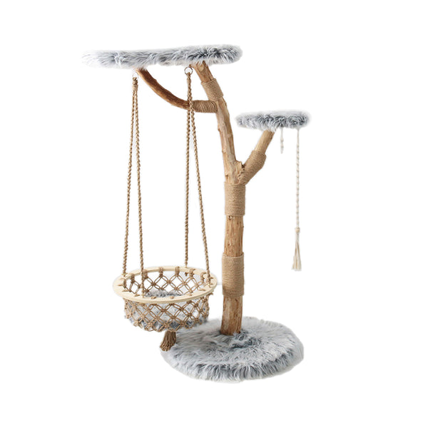 Fluffy Wooden Cat Tree With Hanging Hammock (OUT OF STOCK)