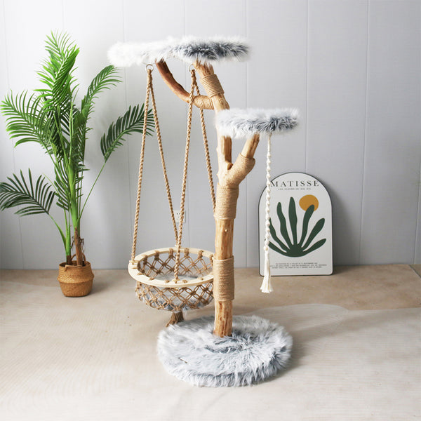 Fluffy Wooden Cat Tree With Hanging Hammock (OUT OF STOCK)